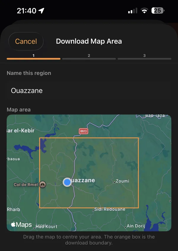 Download Map Area: a region named Ouazzane, with an orange box on the map marking the download boundary.