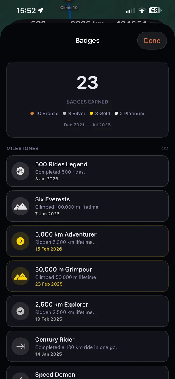 Glood’s Badges screen: 23 badges earned in bronze, silver, gold and platinum, with milestones such as 500 Rides Legend, Six Everests and 5,000 km Adventurer.