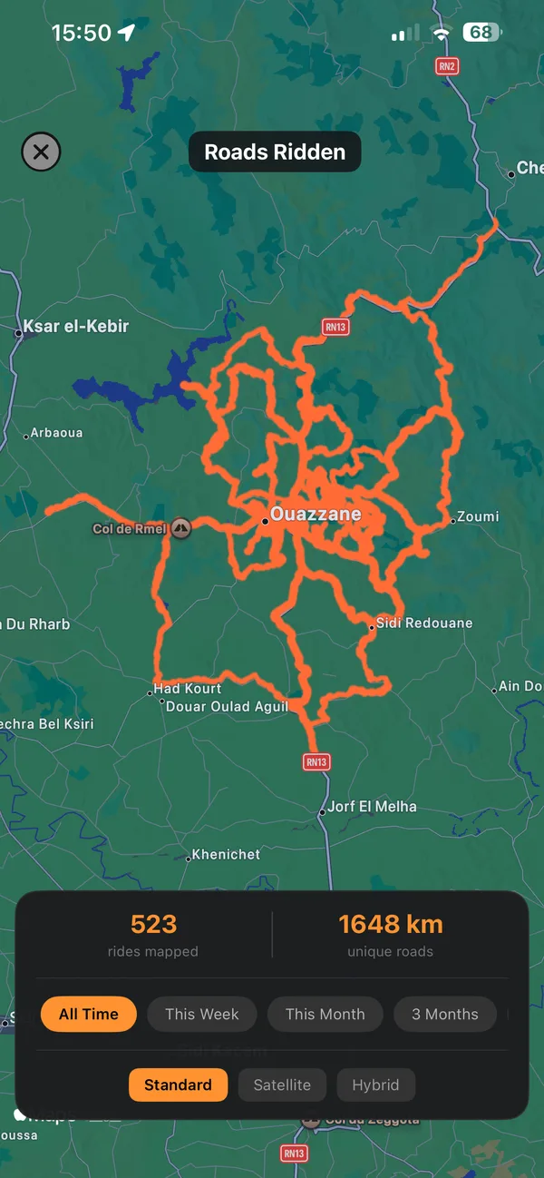 Glood’s Roads Ridden map: every recorded road around Ouazzane drawn in orange, 523 rides mapped and 1,648 km of unique roads.