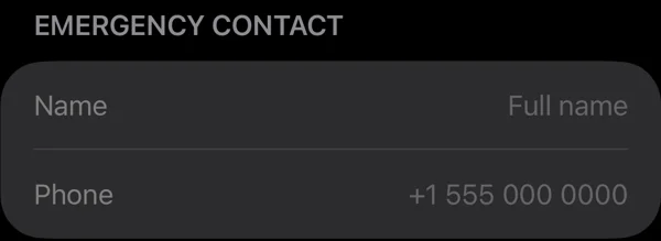 Empty emergency contact name and phone fields.