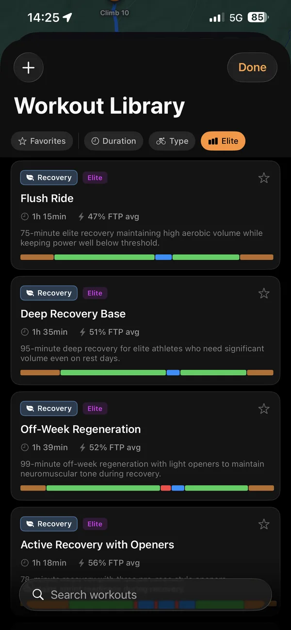 Glood’s Workout Library filtered to Elite: Flush Ride, Deep Recovery Base and other elite recovery sessions.
