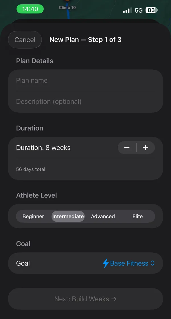 New Plan, step 1 of 3: plan name and description, an 8-week duration, athlete level from Beginner to Elite, and a goal, before Next: Build Weeks.