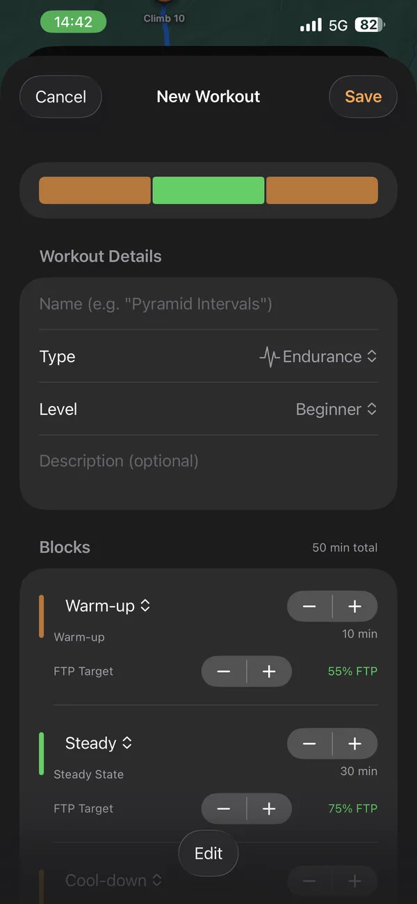 Glood’s New Workout editor: name, type, level and description, then warm-up, steady and cool-down blocks, each with a duration and an FTP target.