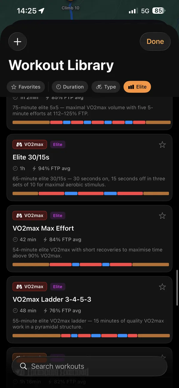 Elite VO2max workouts: Elite 30/15s, VO2max Max Effort and VO2max Ladder 3-4-5-3, each with duration, average intensity and its interval bar.