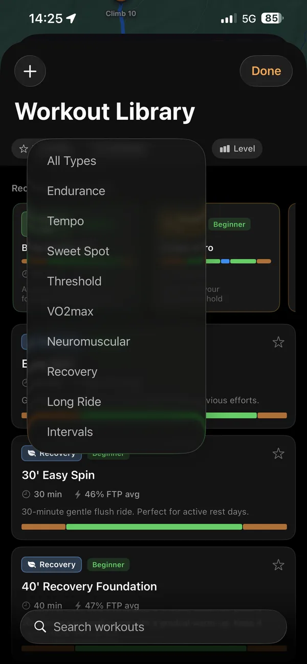 The workout type filter open: Endurance, Tempo, Sweet Spot, Threshold, VO2max, Neuromuscular, Recovery, Long Ride and Intervals.