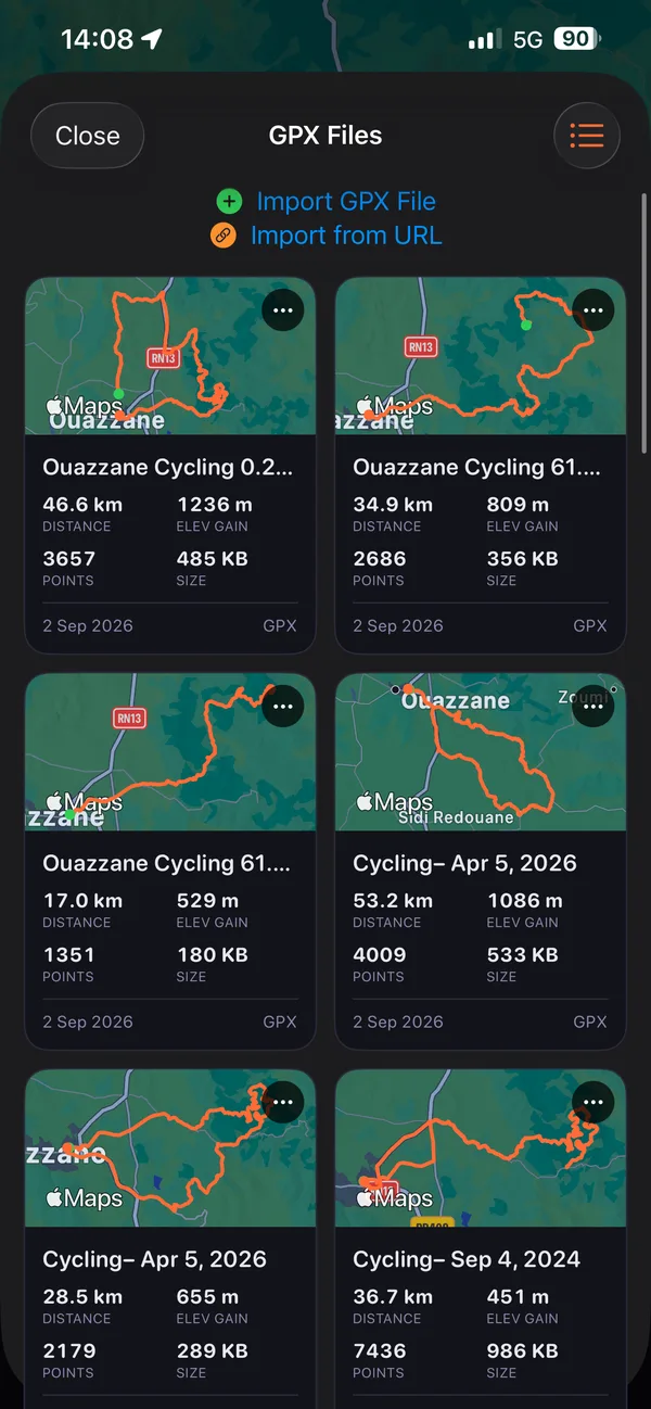 Glood’s GPX Files list, with Import GPX File and Import from URL above route cards showing distance, elevation gain and points.