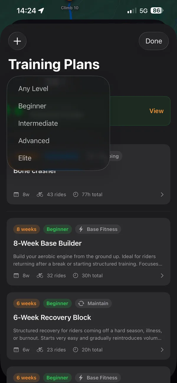 Glood’s Training Plans with the level filter open: Any Level, Beginner, Intermediate, Advanced and Elite.