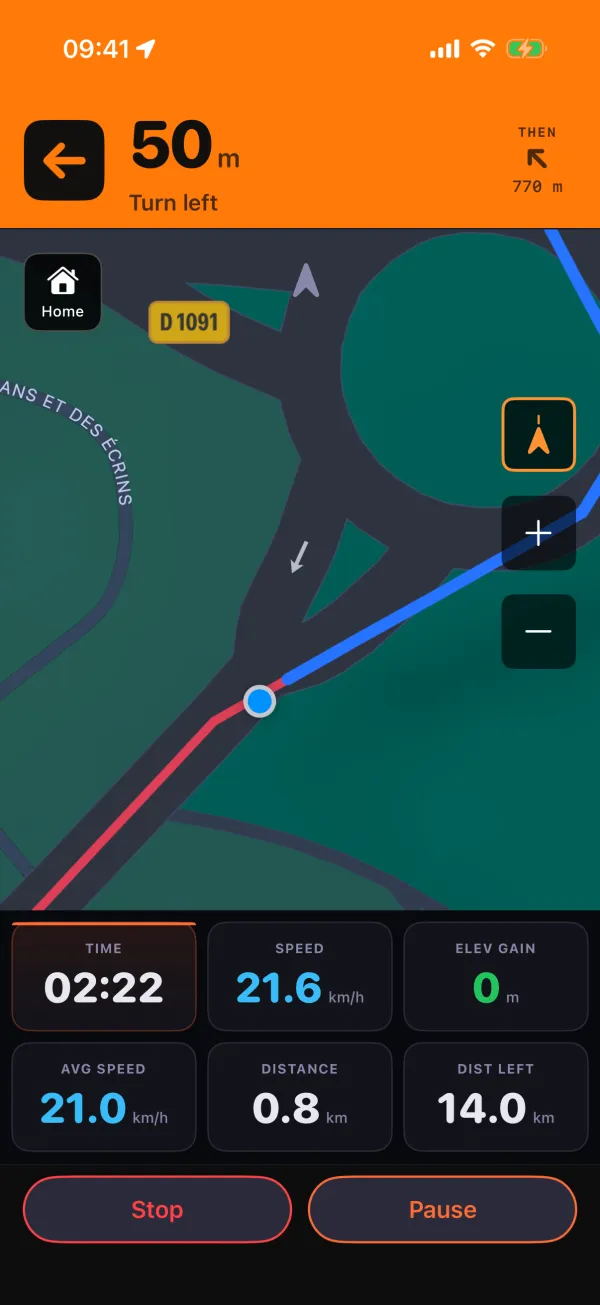 Glood’s ride screen with live time, speed, distance and elevation gain.