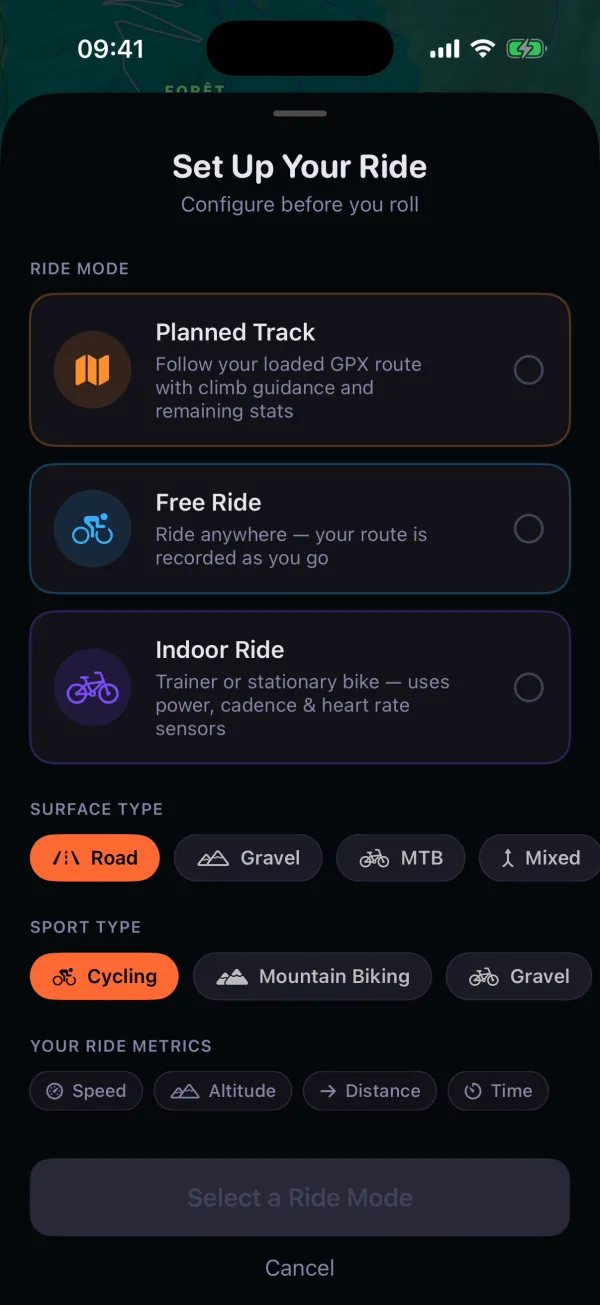 The upper part of Glood’s ride setup screen, with Planned Track and Free Ride choices.